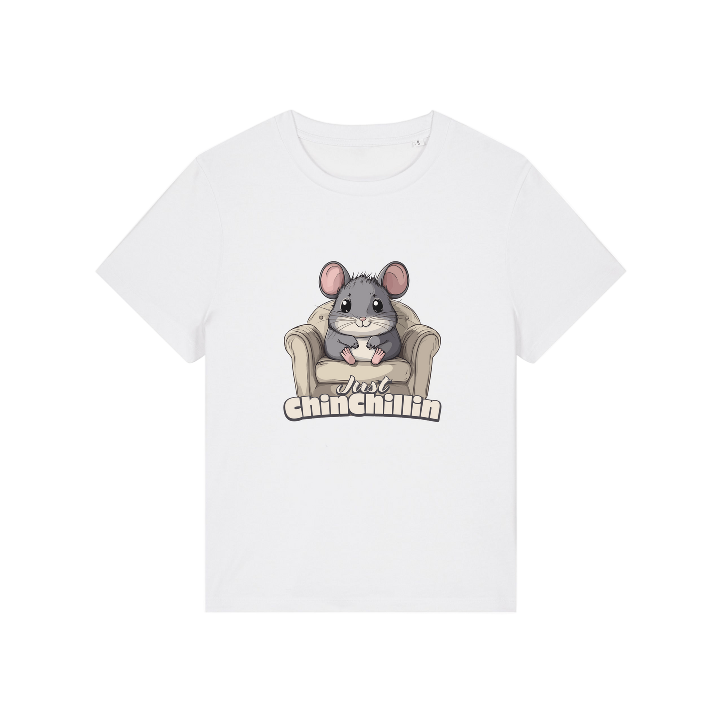 white funny animal t-shirt with the graphic of a chinchilla sat on an armchair and the slogan 'chinchillin'