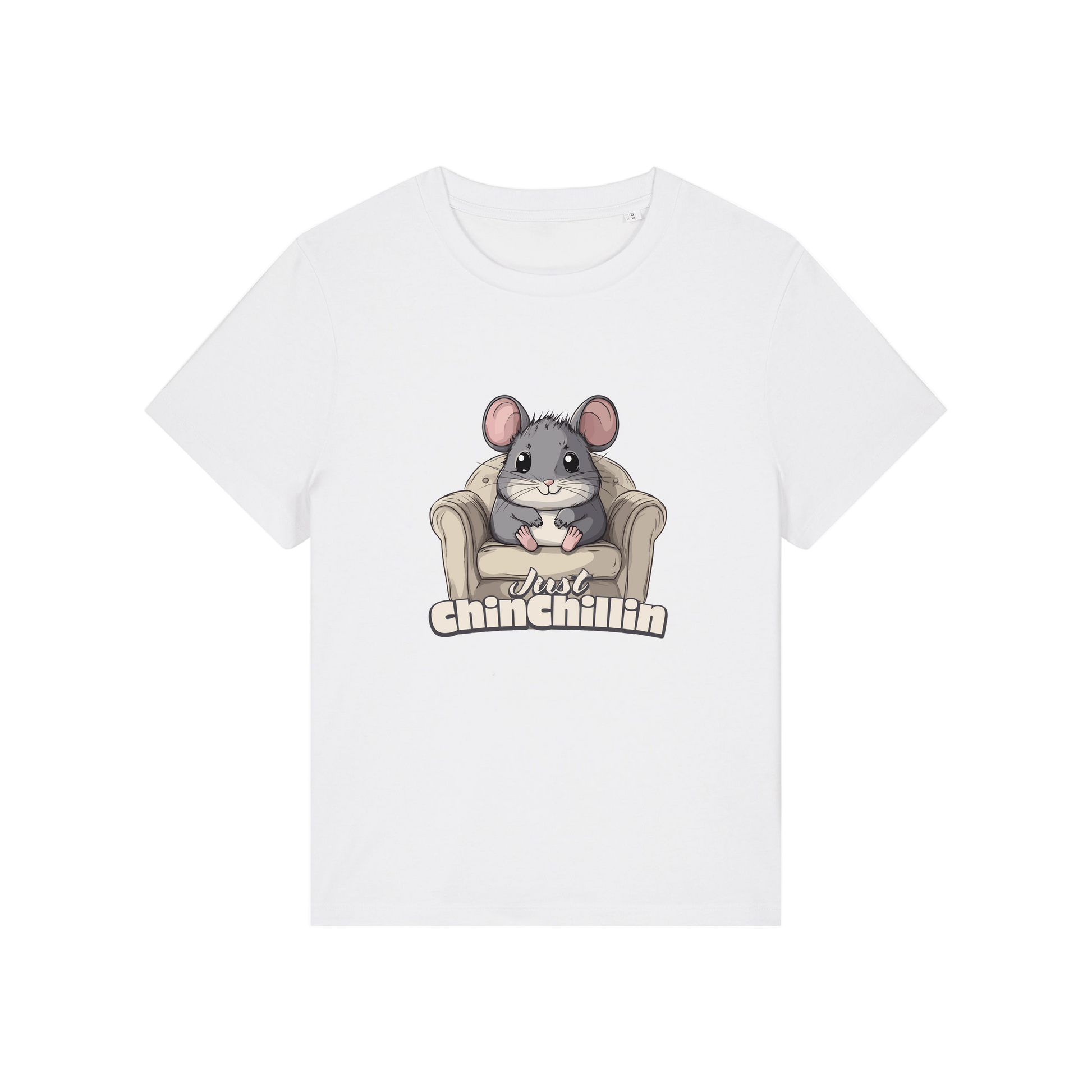 white funny animal t-shirt with the graphic of a chinchilla sat on an armchair and the slogan 'chinchillin'