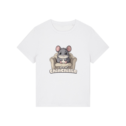 white funny animal t-shirt with the graphic of a chinchilla sat on an armchair and the slogan 'chinchillin'