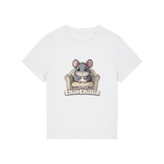 white funny animal t-shirt with the graphic of a chinchilla sat on an armchair and the slogan 'chinchillin'