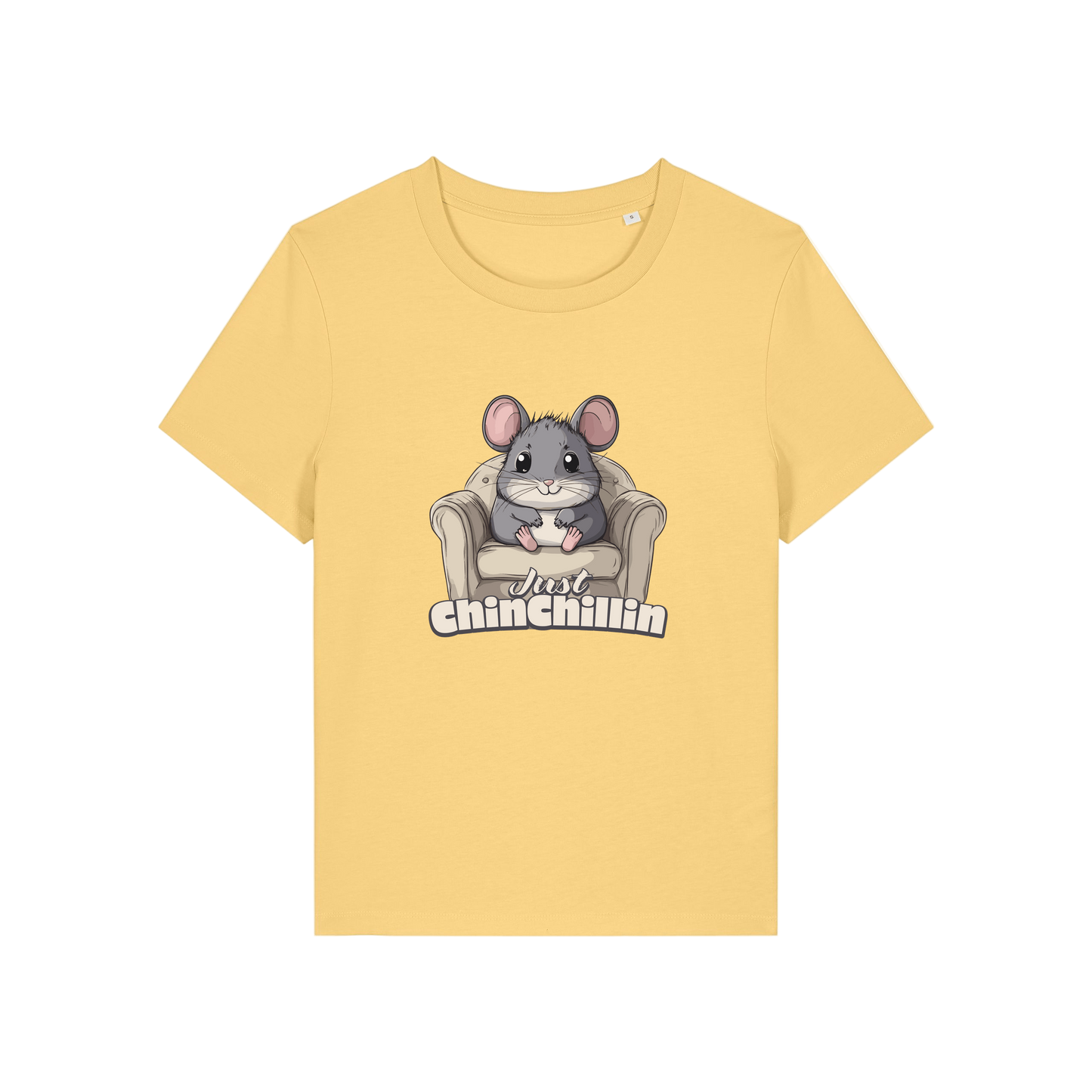 yellow funny animal t-shirt with the graphic of a chinchilla sat on an armchair and the slogan 'chinchillin'