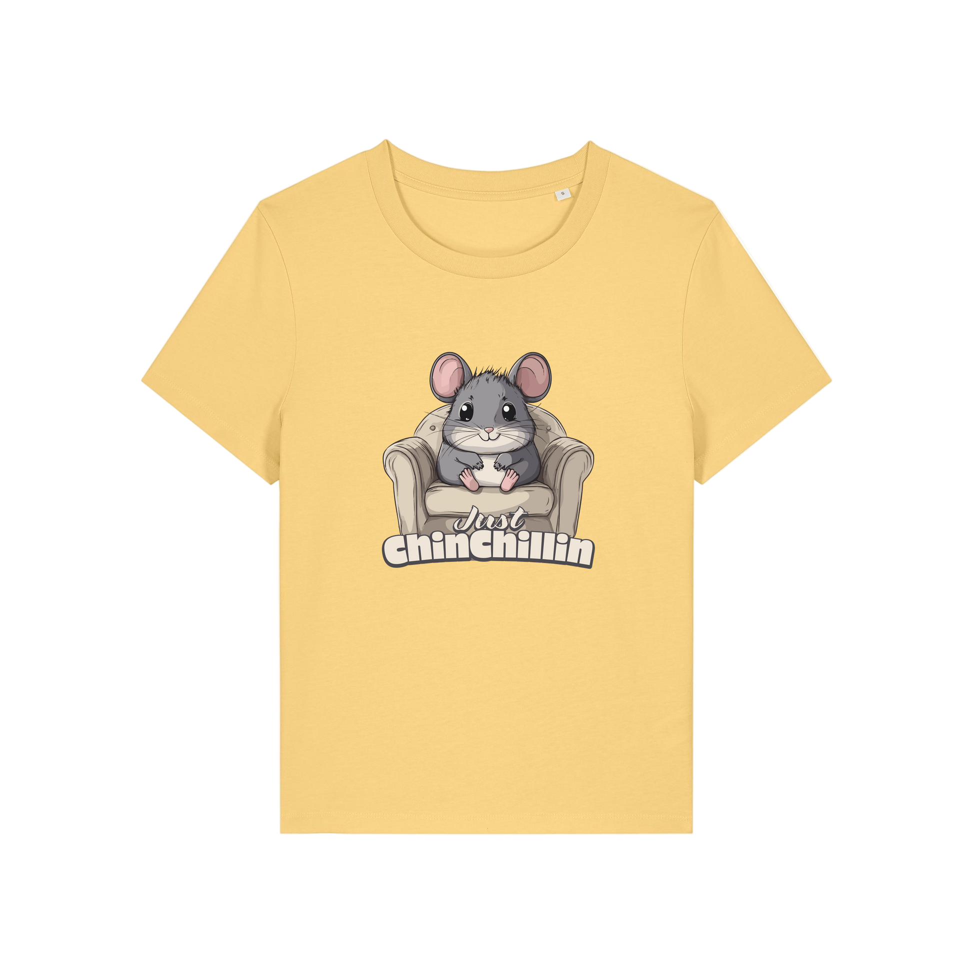 yellow funny animal t-shirt with the graphic of a chinchilla sat on an armchair and the slogan 'chinchillin'