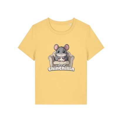 yellow funny animal t-shirt with the graphic of a chinchilla sat on an armchair and the slogan 'chinchillin'