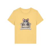 yellow funny animal t-shirt with the graphic of a chinchilla sat on an armchair and the slogan 'chinchillin'