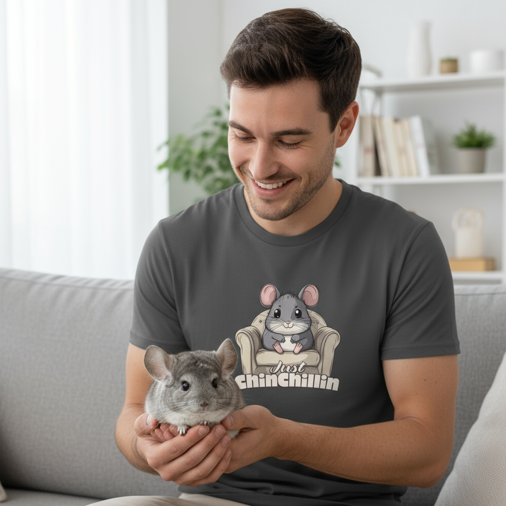 man wearing a grey t-shirt with a cute chinchilla graphic 
