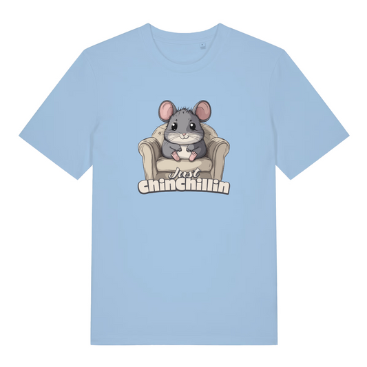 light blue kawaii t-shirt with the graphic of a chinchilla sat in an armchair and the slogan 'just chinchillin'