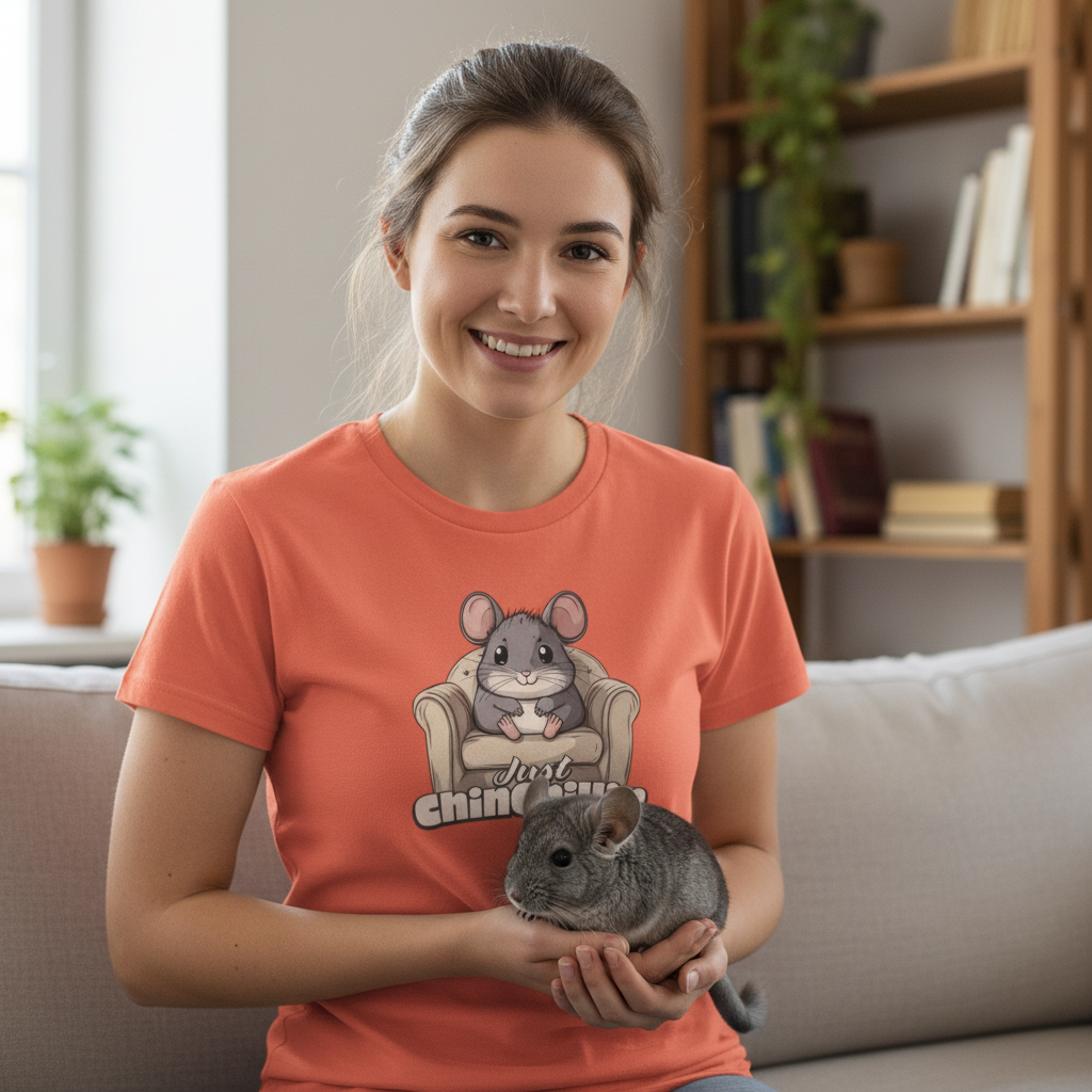 woman wearing an orange t-shirt with a cute chinchilla graphic, holding her pet chinchilla