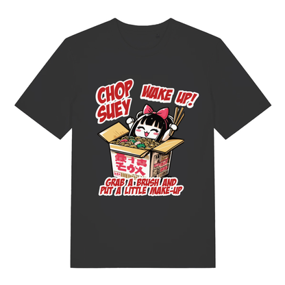 Black Chop Suey T-shirt flat lay with funny System of a Down parody anime girl noodle box graphic