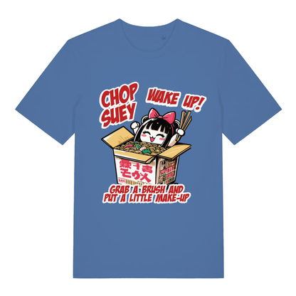 Blue Chop Suey T-shirt flat lay featuring iconic "Wake Up" music meme design