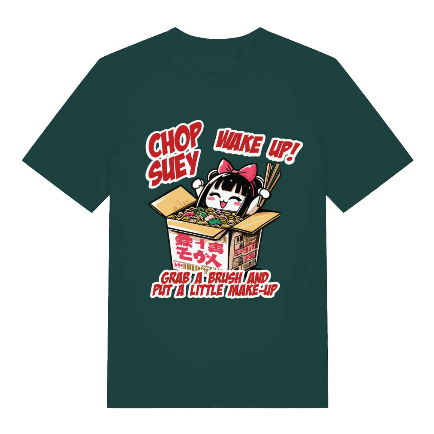 Green Chop Suey T-shirt flat lay showing cheeky cute takeout box illustration