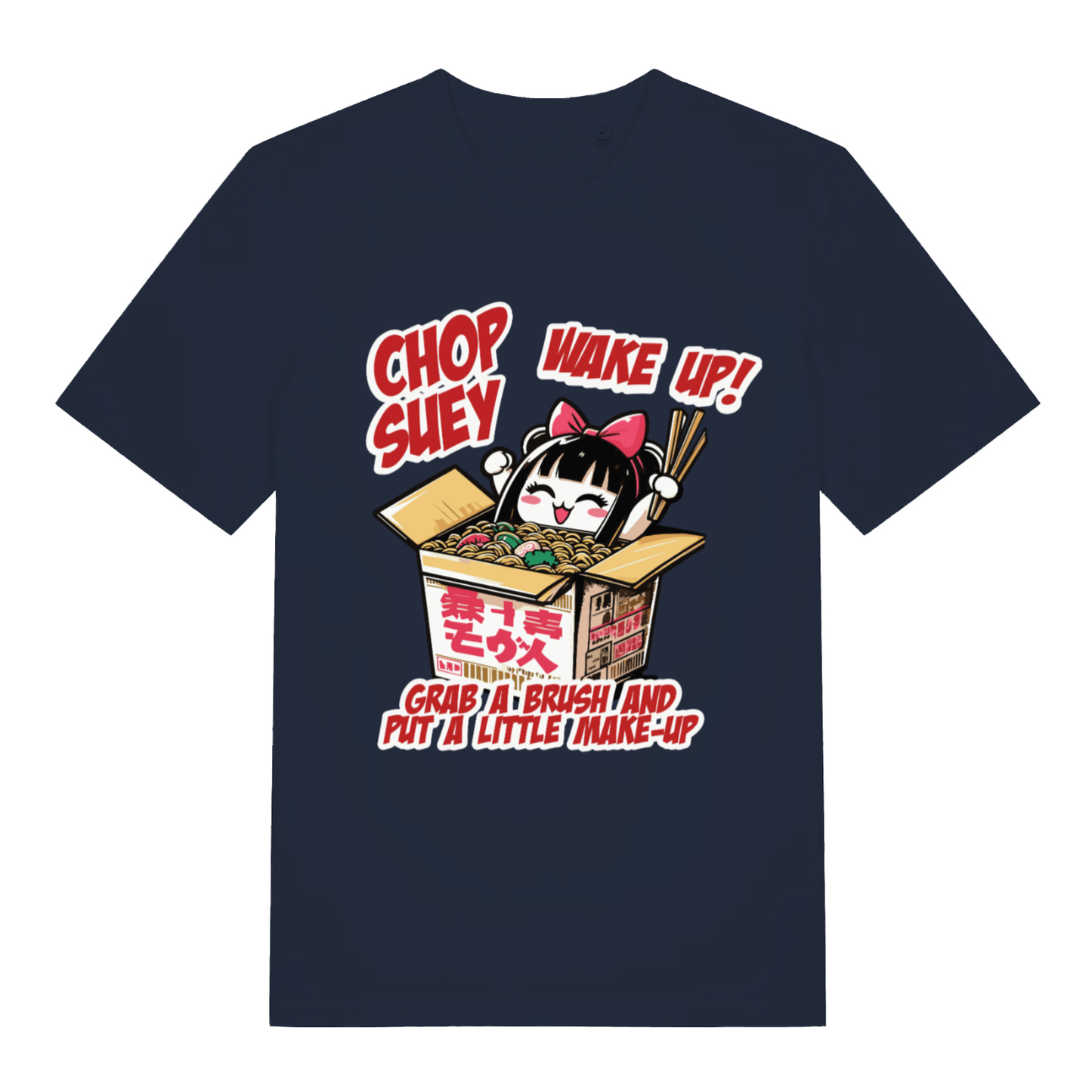 Navy Chop Suey T-shirt flat lay with bold anime girl chop suey pun graphic