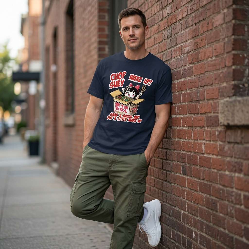 Man in navy Chop Suey Wake Up tee against brick wall, original music inspired graphic mens gift
