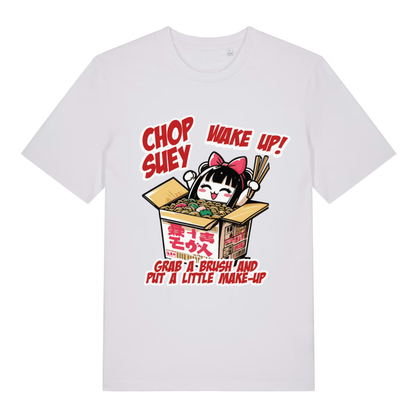 White Chop Suey T-shirt flat lay with clean cute anime girl in noodle box "Chop Suey Wake Up" graphic