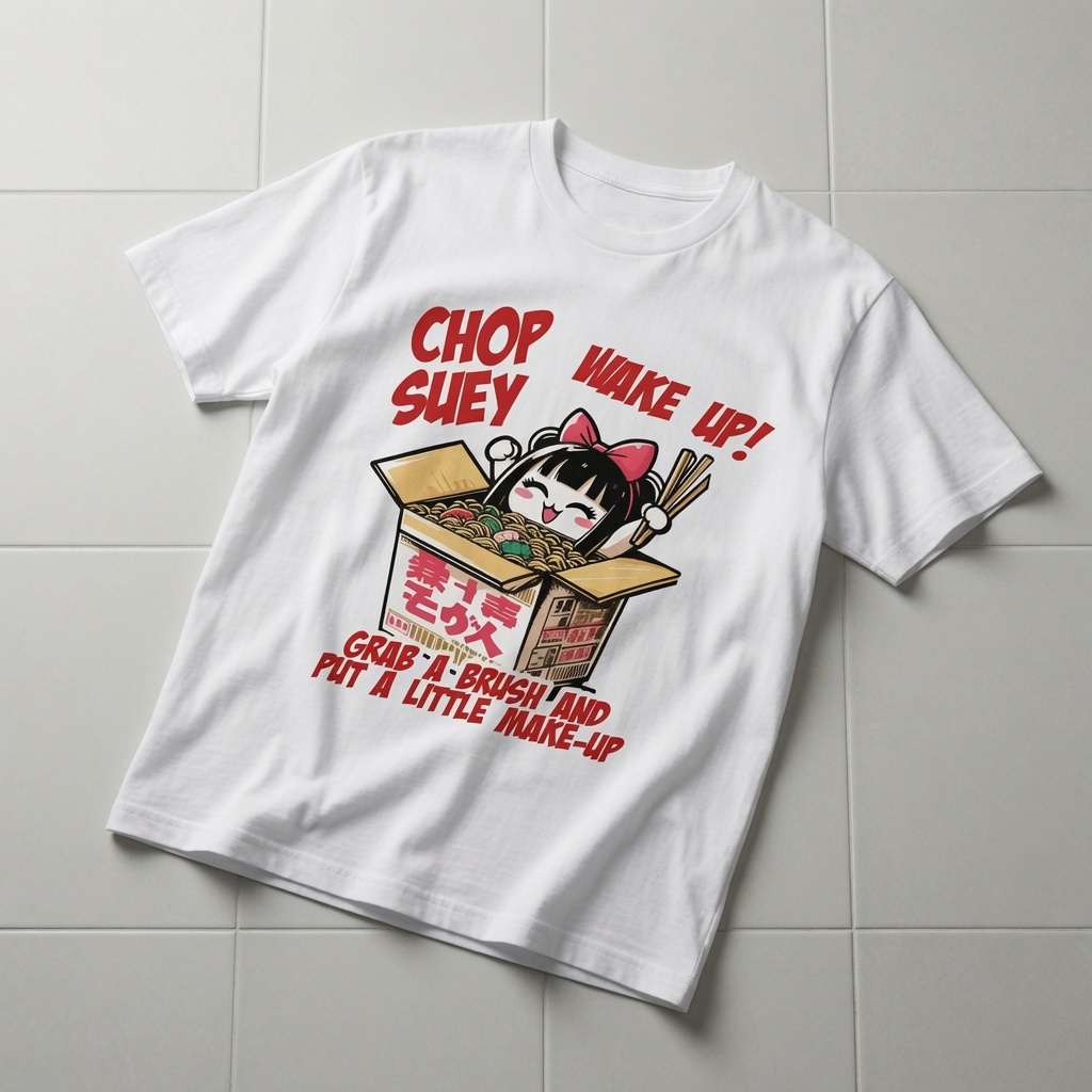 White Chop Suey Wake Up t-shirt on tiles, mens unique original music inspired japanese font tee