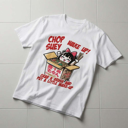 White Chop Suey Wake Up t-shirt on tiles, mens unique original music inspired japanese font tee