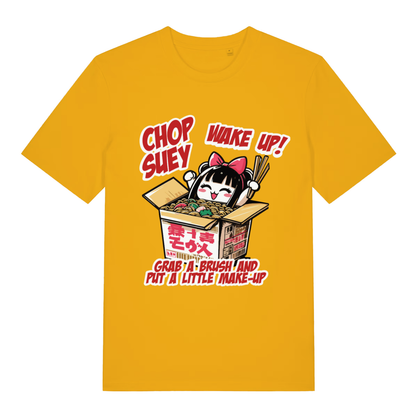 Yellow Chop Suey T-shirt flat lay displaying vibrant System of a Down parody music tee