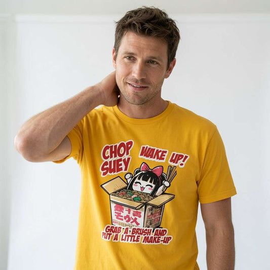 Man in yellow Chop Suey Wake Up t-shirt, witty rock music inspired japanese style mens tee