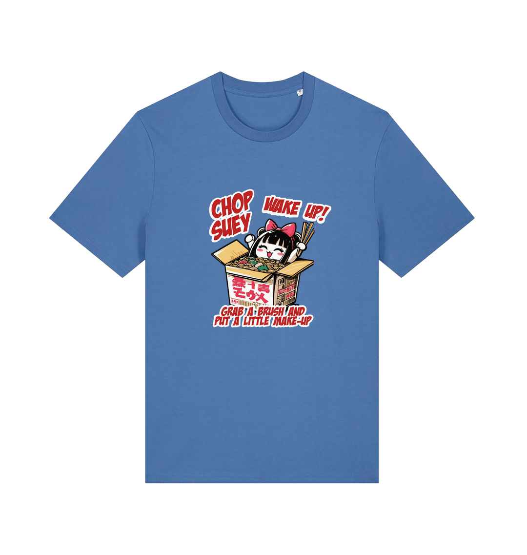 blue music t-shirt with the graphic of a chinese takeout box inspired by the system of a down.