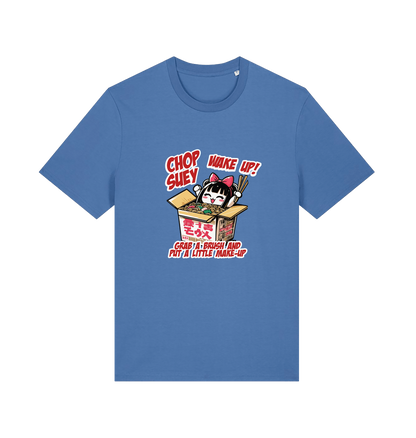 blue music t-shirt with the graphic of a chinese takeout box inspired by the system of a down.