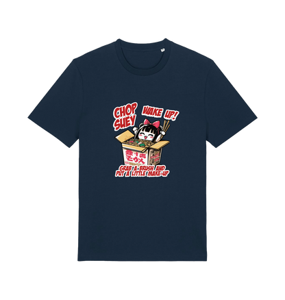 navy music t-shirt with the graphic of a chinese takeout box inspired by the system of a down.