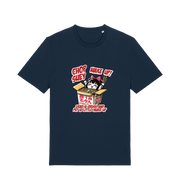 navy music t-shirt with the graphic of a chinese takeout box inspired by the system of a down.