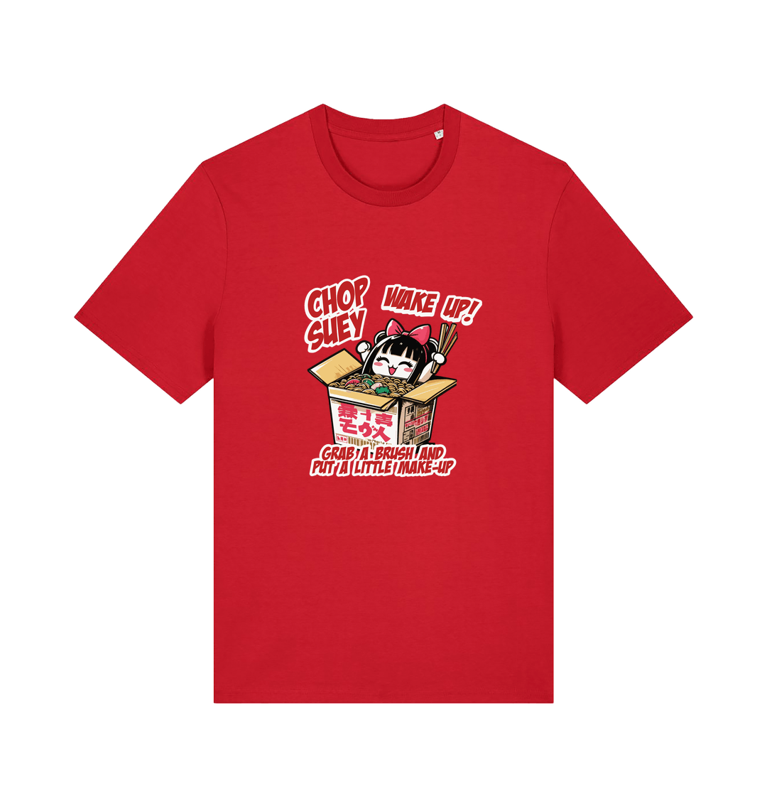 red music t-shirt with the graphic of a chinese takeout box inspired by the system of a down.