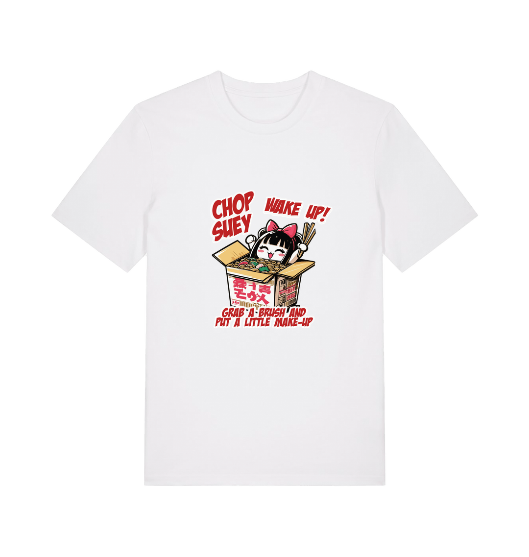 white music t-shirt with the graphic of a chinese takeout box inspired by the system of a down.