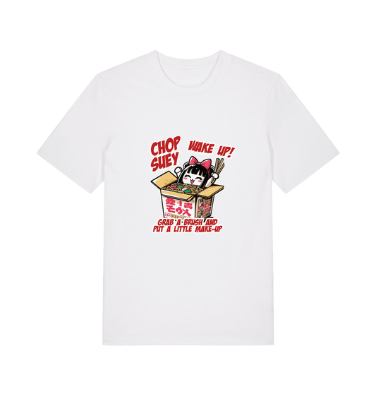 white music t-shirt with the graphic of a chinese takeout box inspired by the system of a down.