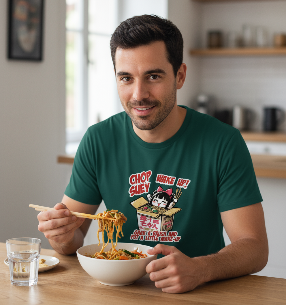 Man eating noodles with chopsticks in a kitchen setting, wearing a green t-shirt with cartoon character and text.