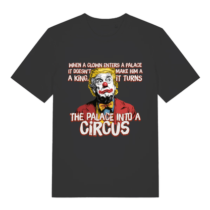 Black Circus Clown T-shirt flat lay with funny Trump clown palace into circus political graphic