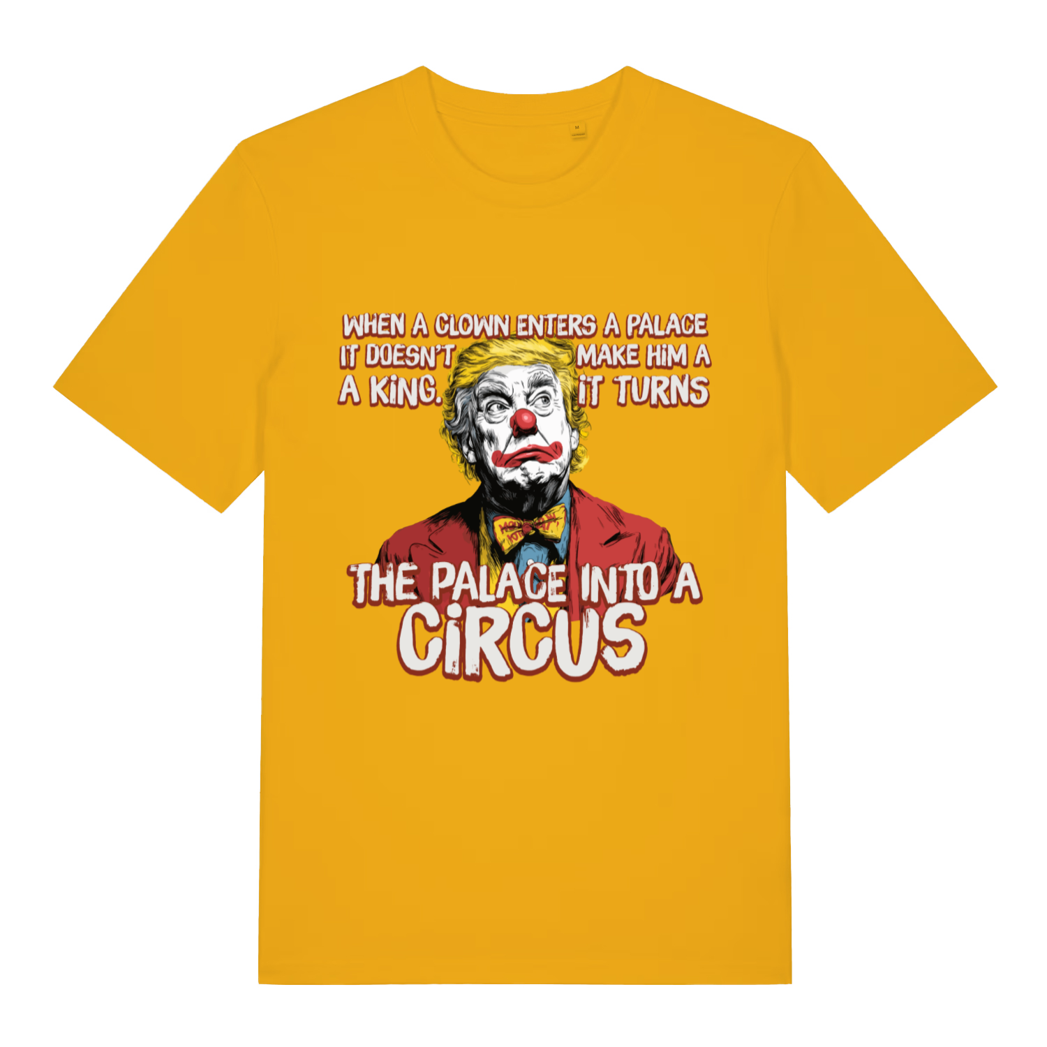 Yellow Circus Clown T-shirt flat lay displaying vibrant provocative clown political banter tee