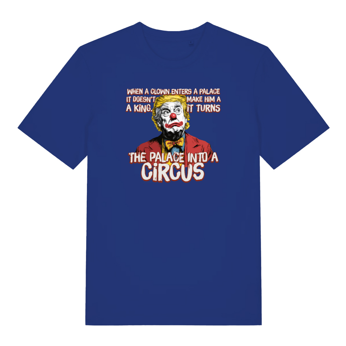 blue funny graphic t-shirt with donald trump depicted as a clown