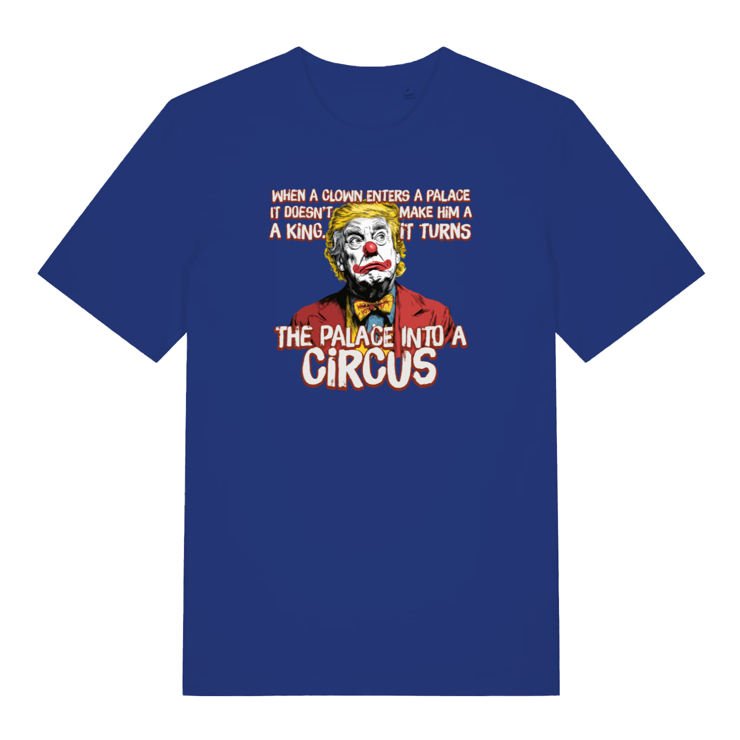 blue funny graphic t-shirt with donald trump depicted as a clown