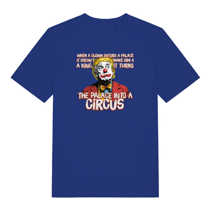 blue funny graphic t-shirt with donald trump depicted as a clown