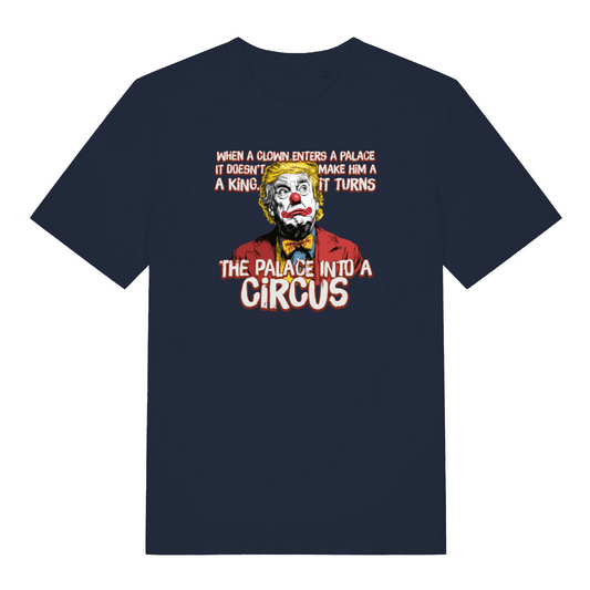 navy funny graphic t-shirt with donald trump depicted as a clown