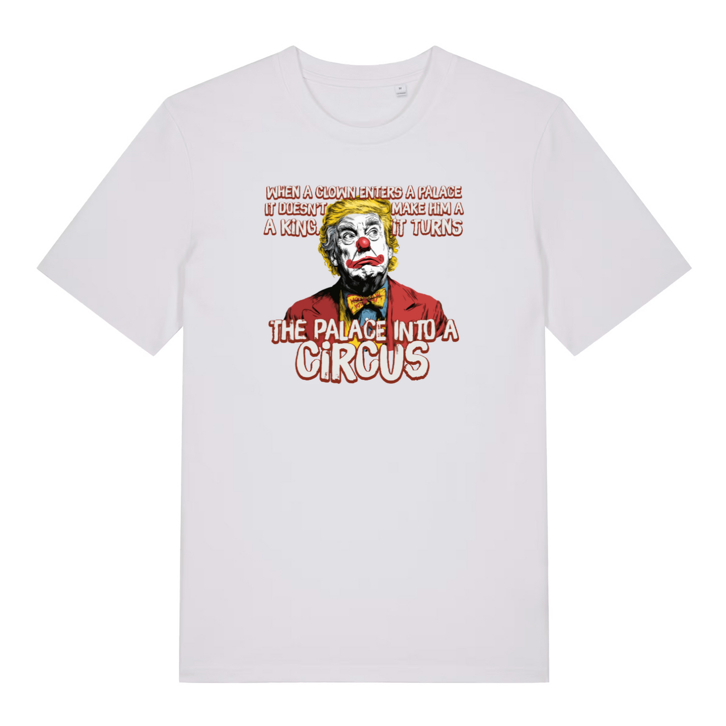 white funny graphic t-shirt with donald trump depicted as a clown