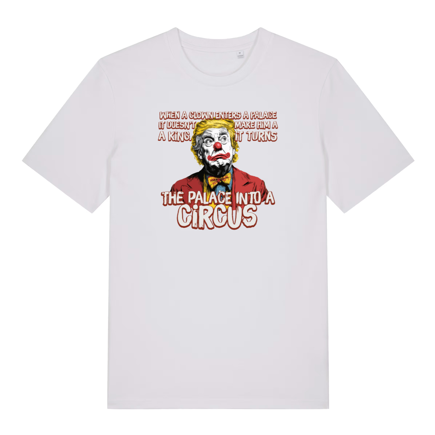white funny graphic t-shirt with donald trump depicted as a clown