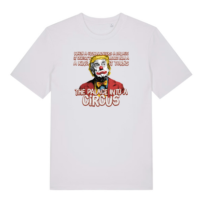 white funny graphic t-shirt with donald trump depicted as a clown