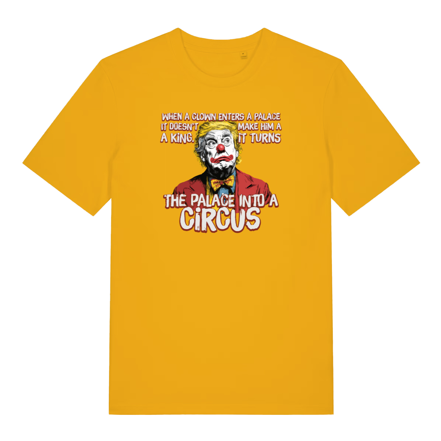 yellow funny graphic t-shirt with donald trump depicted as a clown