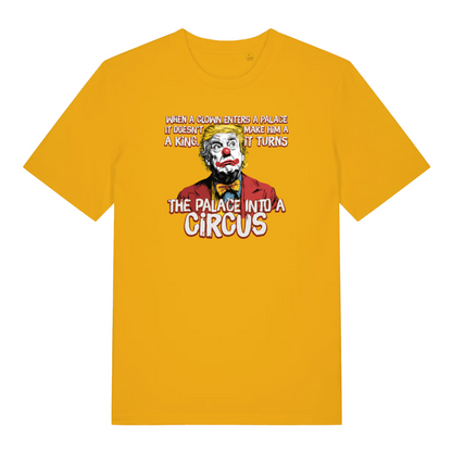 yellow funny graphic t-shirt with donald trump depicted as a clown