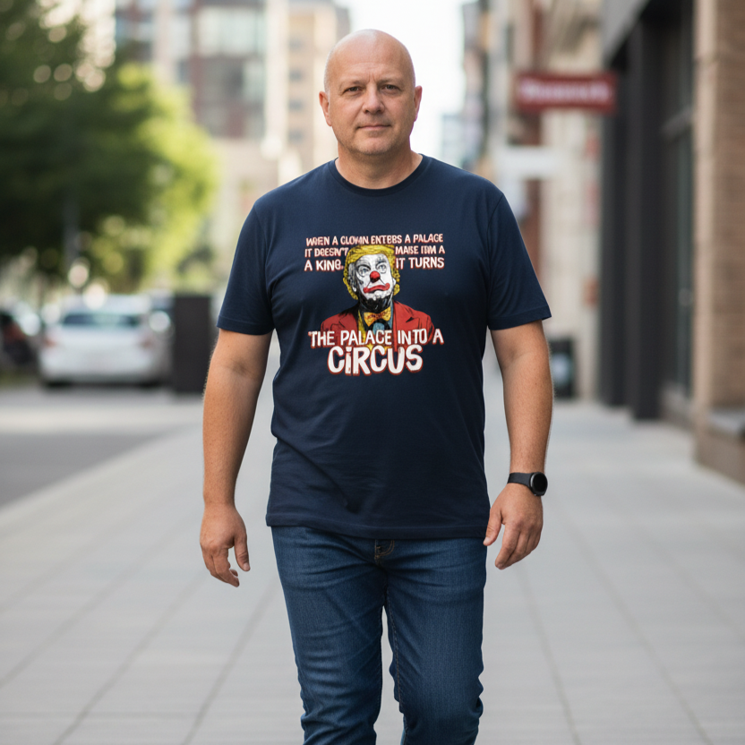 Man wearing a navy blue t-shirt with a colorful graphic and text on a city street.