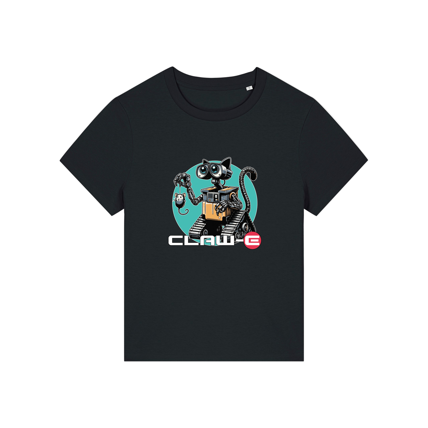 black movie t-shirt with the graphic of a robot cat and the slogan 'claw-e'