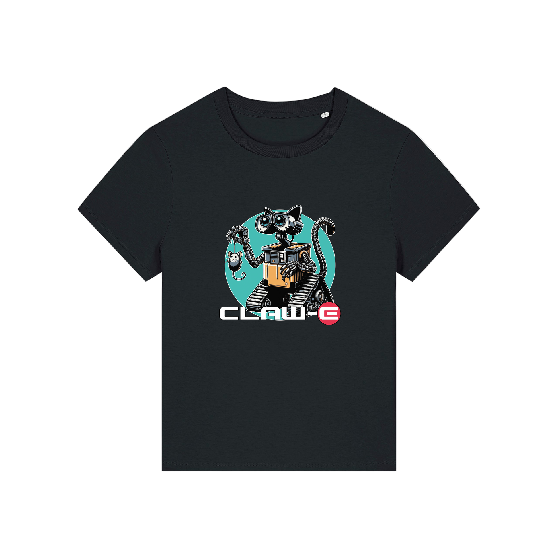 black movie t-shirt with the graphic of a robot cat and the slogan 'claw-e'