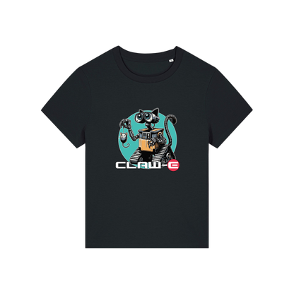 black movie t-shirt with the graphic of a robot cat and the slogan 'claw-e'