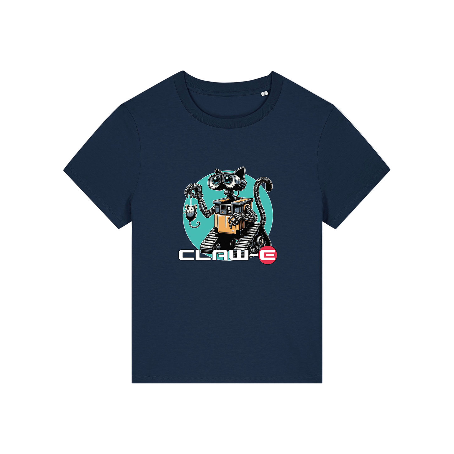 navy movie t-shirt with the graphic of a robot cat and the slogan 'claw-e'