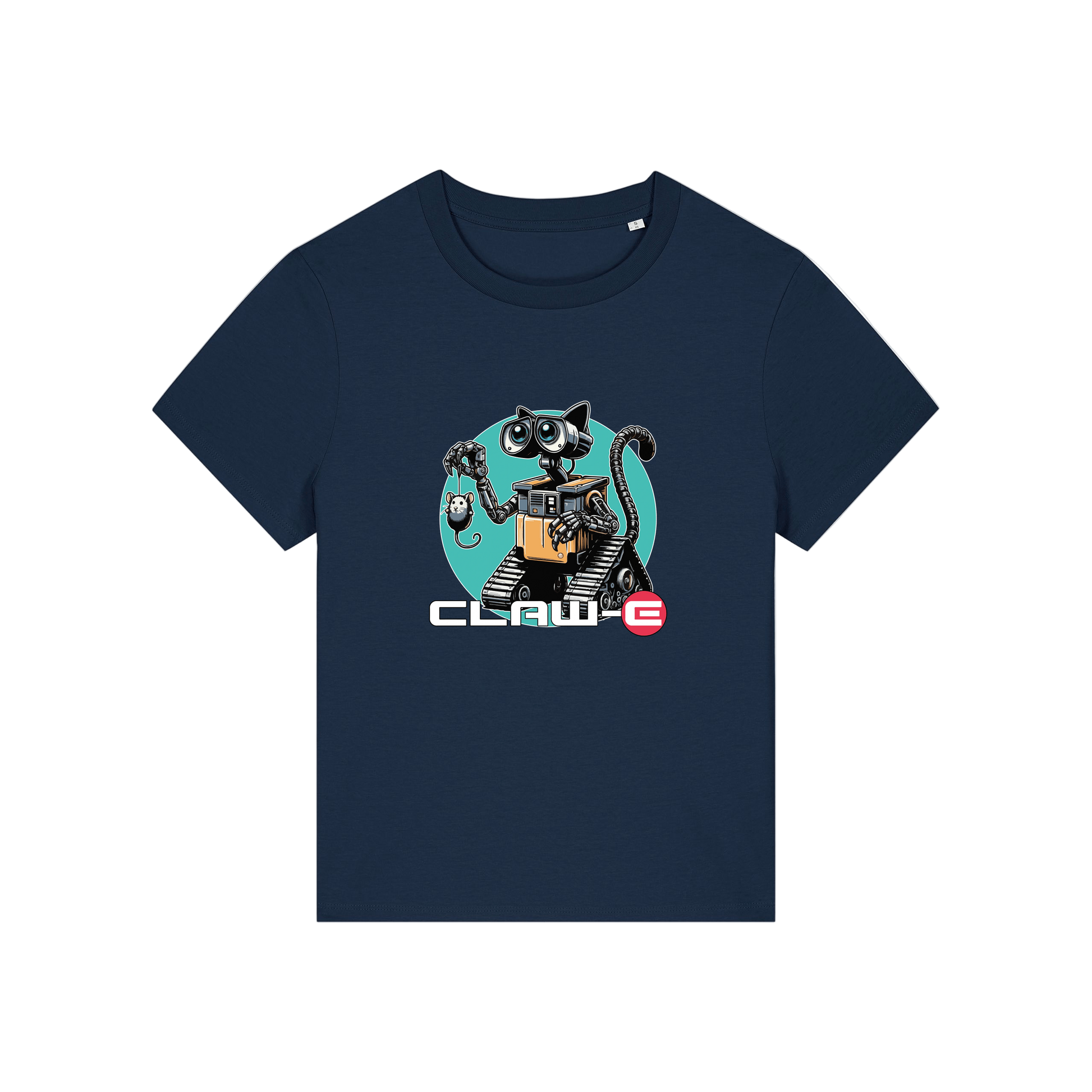 navy movie t-shirt with the graphic of a robot cat and the slogan 'claw-e'