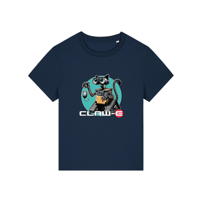 navy movie t-shirt with the graphic of a robot cat and the slogan 'claw-e'