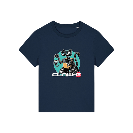 navy movie t-shirt with the graphic of a robot cat and the slogan 'claw-e'