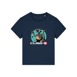 navy movie t-shirt with the graphic of a robot cat and the slogan 'claw-e'