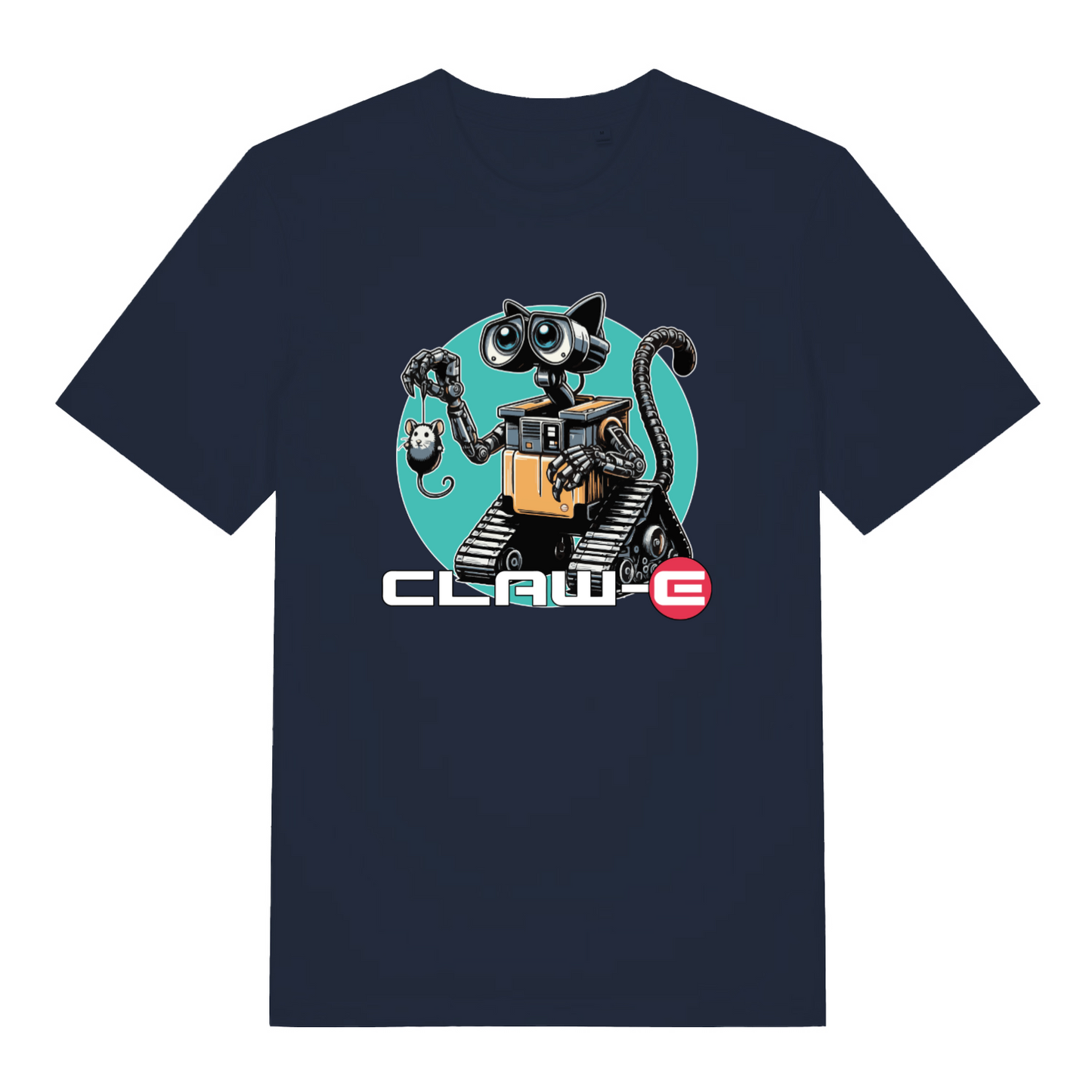 navy women's movie t-shirt with the graphic of a robotic cat and the text 'claw-e'